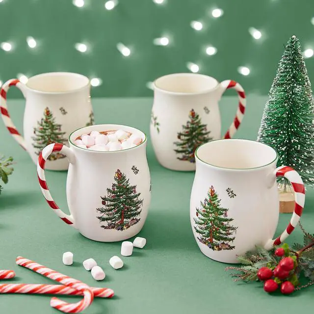 Alt view image 7 of 7 - Spode Christmas Tree 14 oz Holiday Mugs (Set of 4) - Festive Coffee Cups with Peppermint Candy Cane Handle, Stoneware Christmas Drinkware Ideal for Hot Cocoa, Holiday Tea & Winter Beverages
