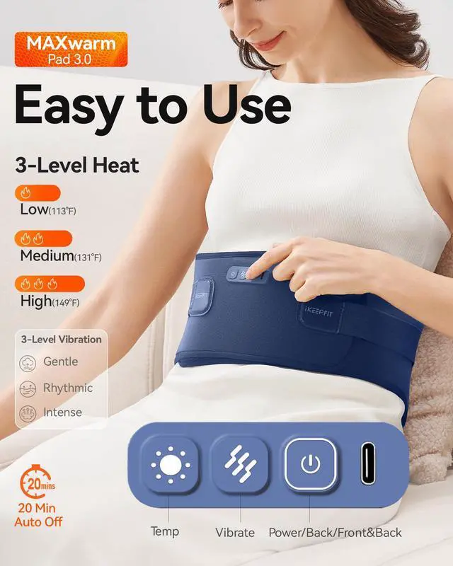 Alt view image 4 of 7 - Heating Pad for Back Pain Relief: MAXwarm® 3.0, Portable Cordless Heat Pad with Massager for Period Cramps, 8000mAh Large Battery, FSA Eligible HSA, Christmas Gift for Women Men 90-310 lbs