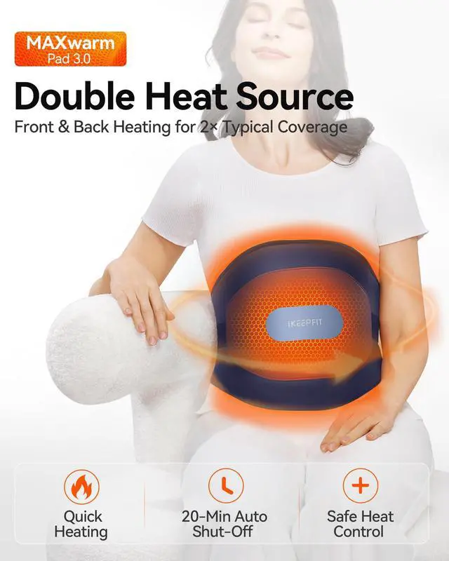 Alt view image 7 of 7 - Heating Pad for Back Pain Relief: MAXwarm® 3.0, Portable Cordless Heat Pad with Massager for Period Cramps, 8000mAh Large Battery, FSA Eligible HSA, Christmas Gift for Women Men 90-310 lbs