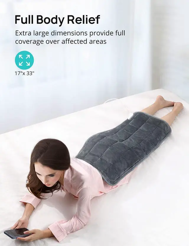 Alt view image 3 of 7 - Weighted Heating Pad 17''x 33" XXXL Electric Heating Pad for Back Pain Relief, 5LBS with 6 Heat Settings 2H Auto-Off Heat Pad for Shoulder Arms Legs Cramps Washable