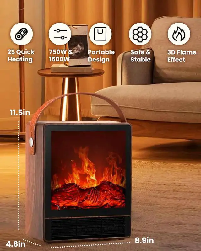 Alt view image 2 of 6 - Electric Fireplace Heater with 3D Realistic Flame, 1500W/750W Adjustable Space Heater, Double Safety Protection, Walnut Wood Finish Portable Indoor Fireplace for Home & Office Christmas Decoration