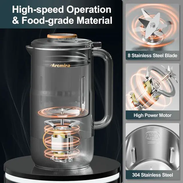 Alt view image 6 of 7 - 8 in 1 Nut Milk Maker, 8 Blade 35oz Homemade Almond, Oat, Coconut, Soy, Plant Based Milks and Non Dairy Beverages, Soy Milk Maker Machine with Delay Start/Keep Warm/Self-Cleaning/Boil Water