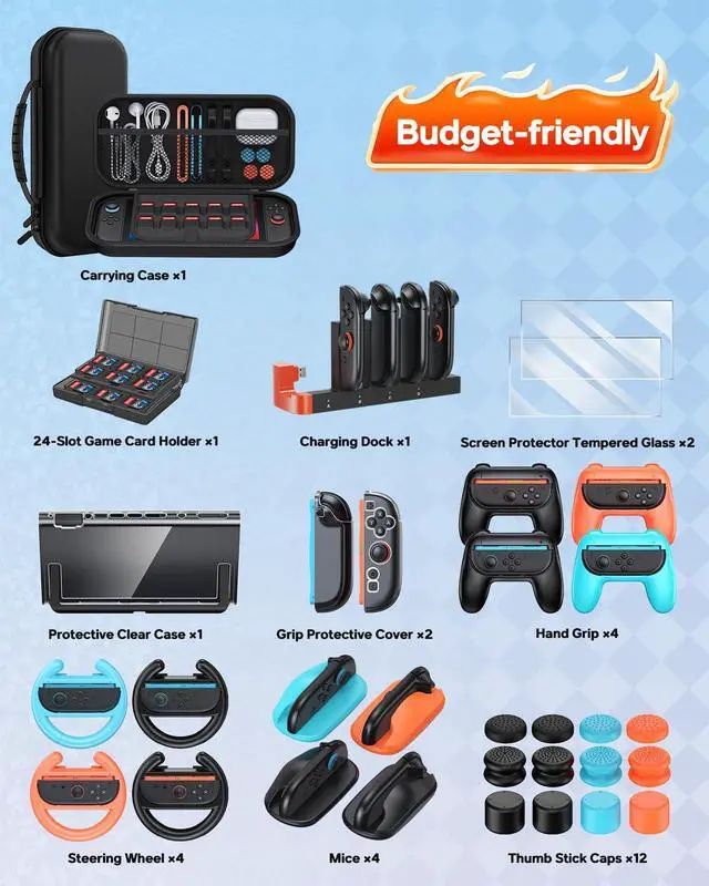 Alt view image 2 of 7 - 32-in-1 Accessories Bundle for Nintendo Switch 2,Family Games Kit: Carrying Case,Charging Dock for Joycon Switch 2 Controller,Tempered film,Steering Wheels,Grips,Protective Cover