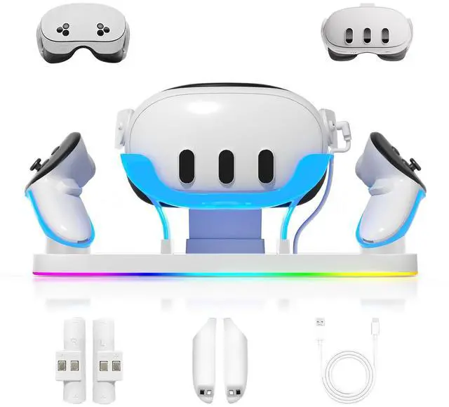 Main image of Charging Dock for Meta Quest3/3S, 18W Fast Charger with 2 Rechargeable Batteries, 8 LED Lighting Modes, USB-C Charging Accessory for Oculus Meta Quest 3/3S, Support Elite/Battery Head Strap