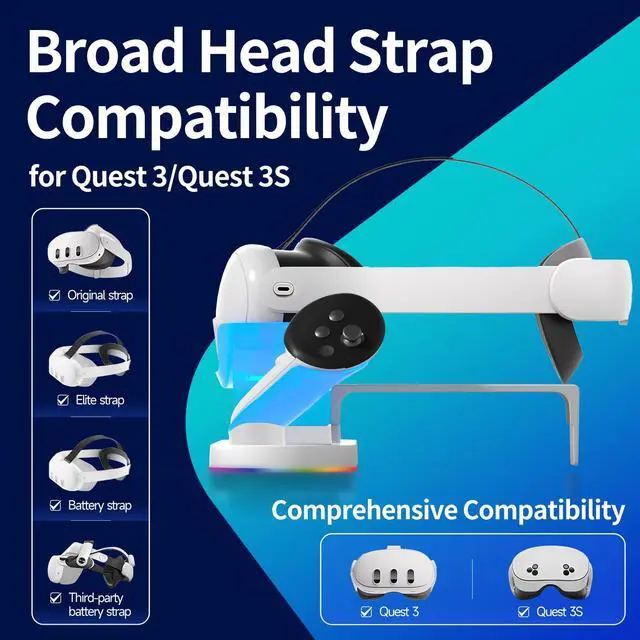 Alt view image 2 of 7 - Charging Dock for Meta Quest3/3S, 18W Fast Charger with 2 Rechargeable Batteries, 8 LED Lighting Modes, USB-C Charging Accessory for Oculus Meta Quest 3/3S, Support Elite/Battery Head Strap