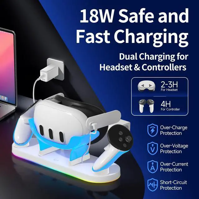 Alt view image 3 of 7 - Charging Dock for Meta Quest3/3S, 18W Fast Charger with 2 Rechargeable Batteries, 8 LED Lighting Modes, USB-C Charging Accessory for Oculus Meta Quest 3/3S, Support Elite/Battery Head Strap