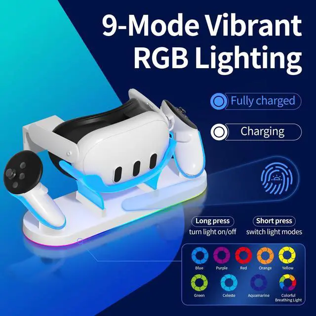 Alt view image 4 of 7 - Charging Dock for Meta Quest3/3S, 18W Fast Charger with 2 Rechargeable Batteries, 8 LED Lighting Modes, USB-C Charging Accessory for Oculus Meta Quest 3/3S, Support Elite/Battery Head Strap