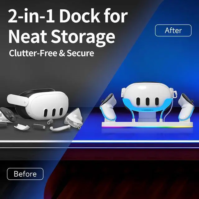 Alt view image 6 of 7 - Charging Dock for Meta Quest3/3S, 18W Fast Charger with 2 Rechargeable Batteries, 8 LED Lighting Modes, USB-C Charging Accessory for Oculus Meta Quest 3/3S, Support Elite/Battery Head Strap