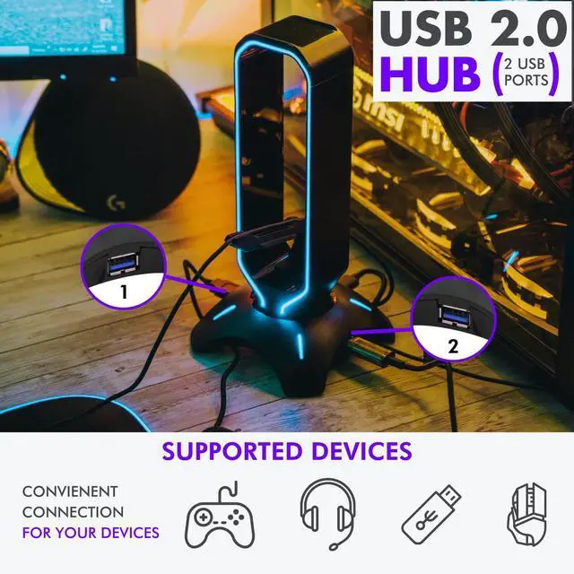 Alt view image 3 of 7 - Gaming Headset Stand | RGB Headphone Stand for Desk with Mouse Bungee and USB Hub (Cool and Clean Setup) Gaming Headset Holder - Perfect Gamer Gift Accessory