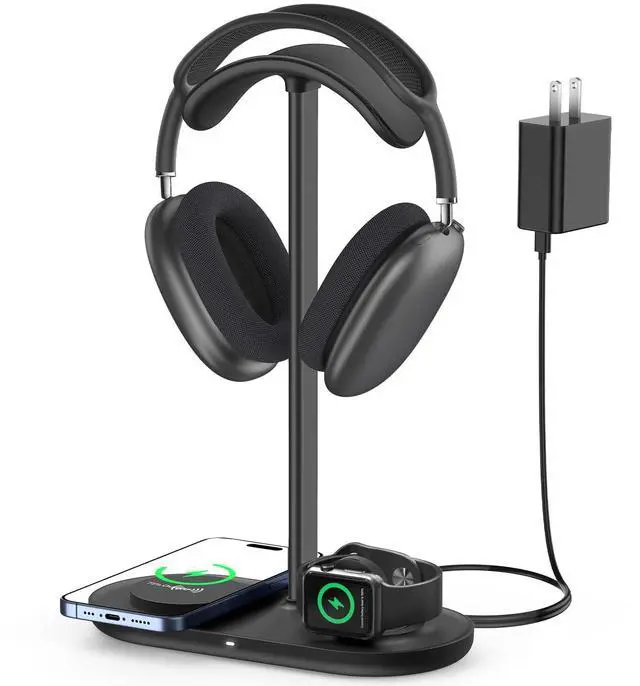 Main image of Universal Headphone Stand, Magnetic Wireless Charger for iPhones/AirPods/iWatch, Aluminum Alloy Rod, Leather Pad, ABS Solid Base, Black