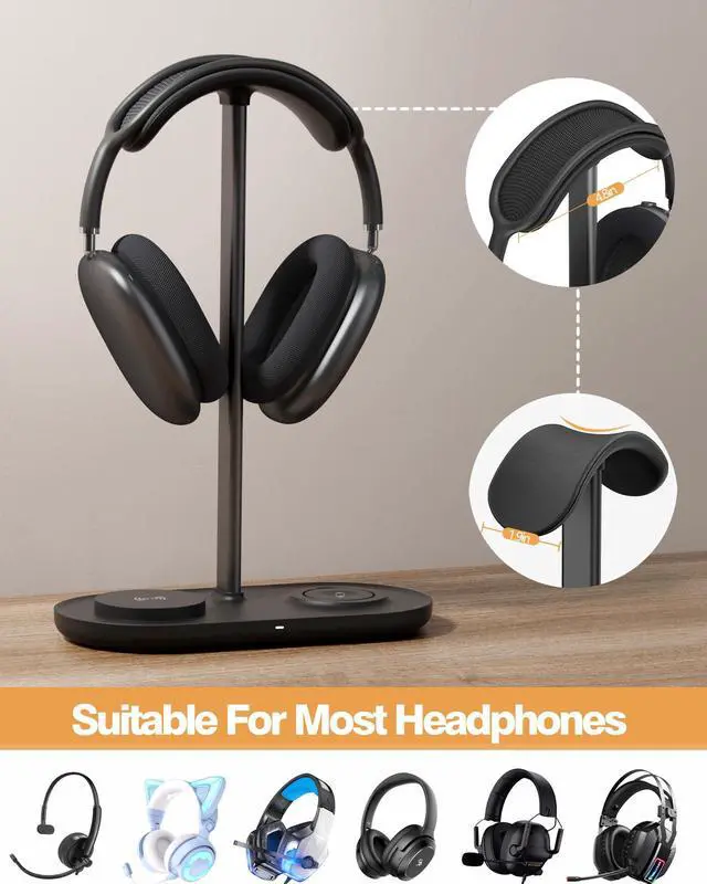 Alt view image 2 of 7 - Universal Headphone Stand, Magnetic Wireless Charger for iPhones/AirPods/iWatch, Aluminum Alloy Rod, Leather Pad, ABS Solid Base, Black