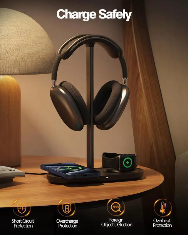 Alt view image 4 of 7 - Universal Headphone Stand, Magnetic Wireless Charger for iPhones/AirPods/iWatch, Aluminum Alloy Rod, Leather Pad, ABS Solid Base, Black