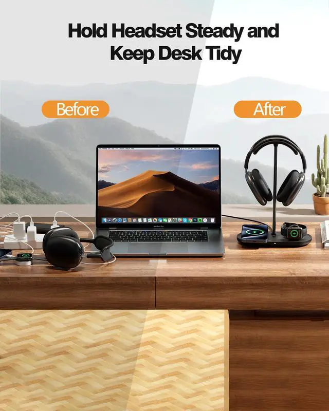 Alt view image 5 of 7 - Universal Headphone Stand, Magnetic Wireless Charger for iPhones/AirPods/iWatch, Aluminum Alloy Rod, Leather Pad, ABS Solid Base, Black