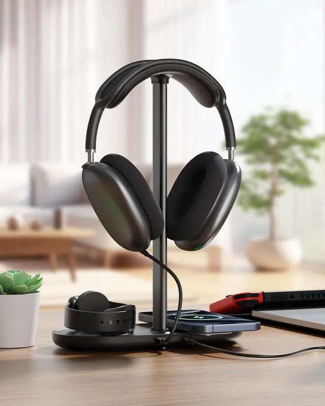 Alt view image 7 of 7 - Universal Headphone Stand, Magnetic Wireless Charger for iPhones/AirPods/iWatch, Aluminum Alloy Rod, Leather Pad, ABS Solid Base, Black