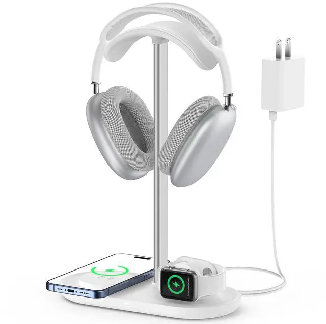 Main image of Universal Headphone Stand, Magnetic Wireless Charger for iPhones/AirPods/iWatch, Aluminum Alloy Rod, Leather Pad, ABS Solid Base, White