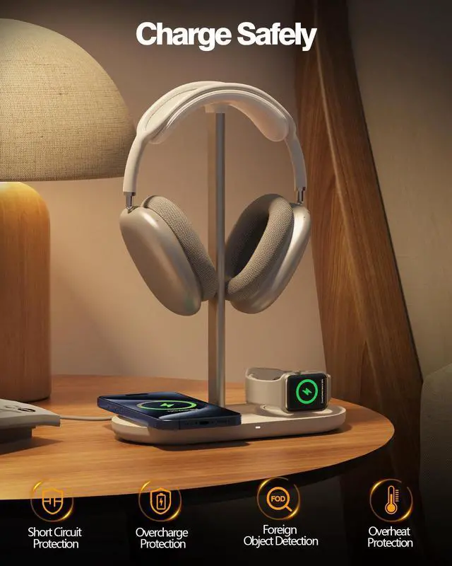 Alt view image 4 of 7 - Universal Headphone Stand, Magnetic Wireless Charger for iPhones/AirPods/iWatch, Aluminum Alloy Rod, Leather Pad, ABS Solid Base, White