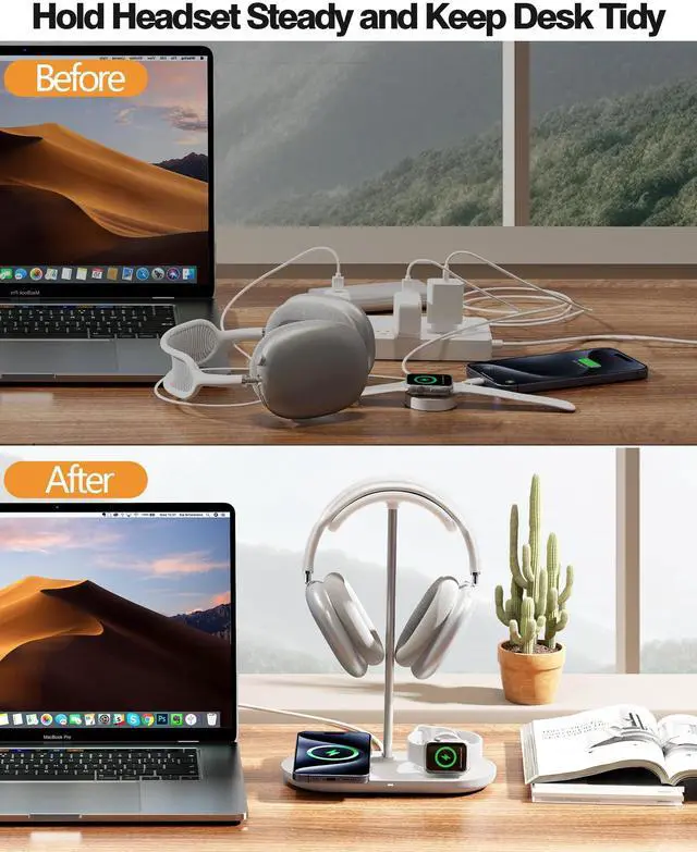 Alt view image 5 of 7 - Universal Headphone Stand, Magnetic Wireless Charger for iPhones/AirPods/iWatch, Aluminum Alloy Rod, Leather Pad, ABS Solid Base, White