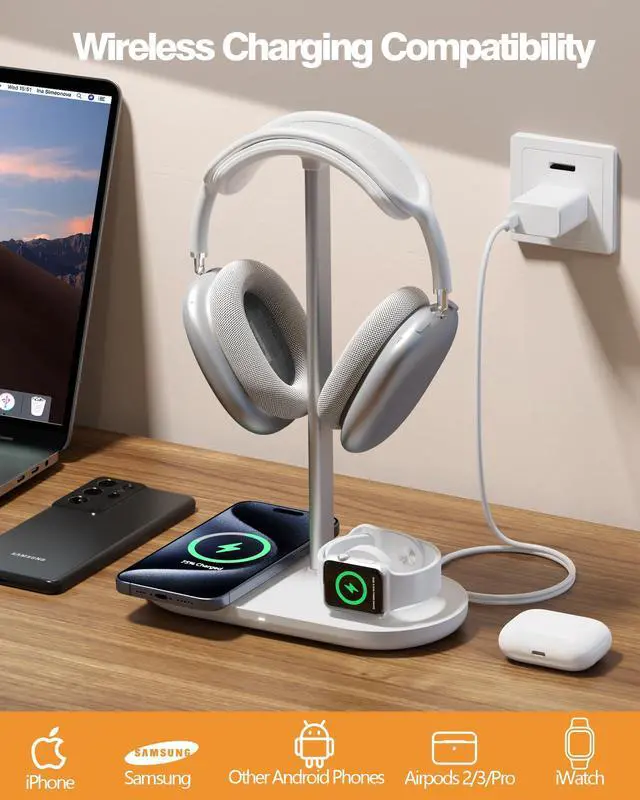 Alt view image 3 of 7 - Universal Headphone Stand, Magnetic Wireless Charger for iPhones/AirPods/iWatch, Aluminum Alloy Rod, Leather Pad, ABS Solid Base, White