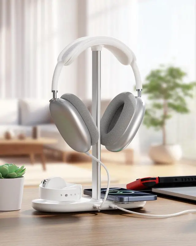 Alt view image 7 of 7 - Universal Headphone Stand, Magnetic Wireless Charger for iPhones/AirPods/iWatch, Aluminum Alloy Rod, Leather Pad, ABS Solid Base, White