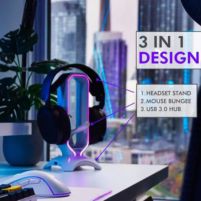 Alt view image 2 of 7 - Gaming Headphone Stand | RGB Headset Stand White | Headset Holder for Desk with Mouse Bungee and USB Hub | The Ultimate Gaming Accessories for Gamers for PS5, Xbox, PC - White
