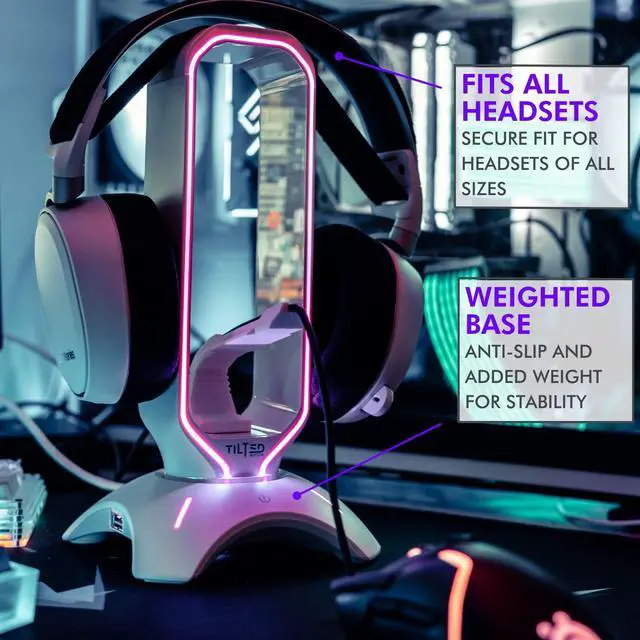 Alt view image 3 of 7 - Gaming Headphone Stand | RGB Headset Stand White | Headset Holder for Desk with Mouse Bungee and USB Hub | The Ultimate Gaming Accessories for Gamers for PS5, Xbox, PC - White