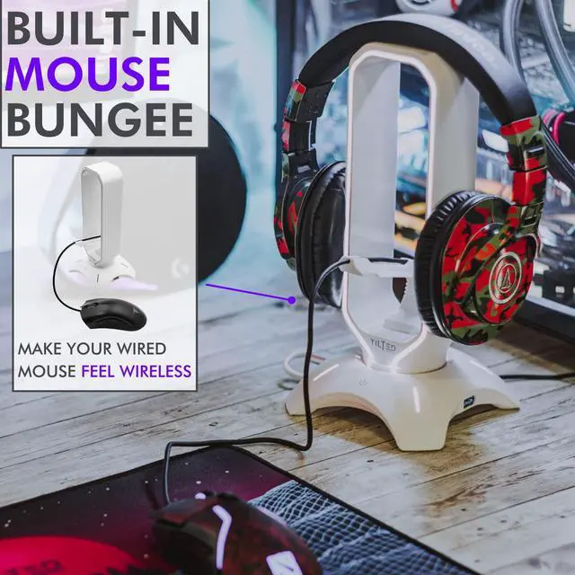 Alt view image 6 of 7 - Gaming Headphone Stand | RGB Headset Stand White | Headset Holder for Desk with Mouse Bungee and USB Hub | The Ultimate Gaming Accessories for Gamers for PS5, Xbox, PC - White