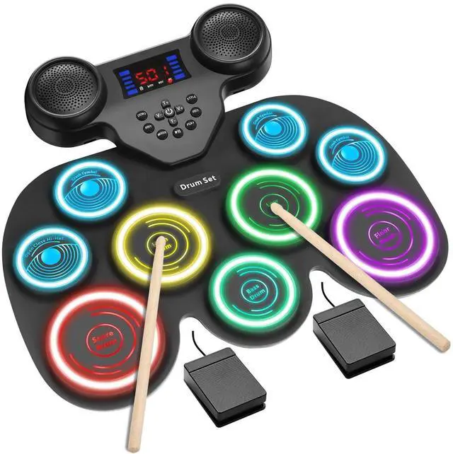 Main image of 7-Color Dynamic LED Lights Electric Drum Set, 9-Pad Electronic Drum Set Bluetooth MIDI Support, Extra-thick Electric Drum Pads for Better Rebound, Perfect Christmas/Birthday Gift for Kids