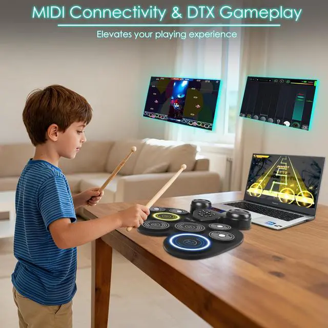 Alt view image 4 of 7 - 7-Color Dynamic LED Lights Electric Drum Set, 9-Pad Electronic Drum Set Bluetooth MIDI Support, Extra-thick Electric Drum Pads for Better Rebound, Perfect Christmas/Birthday Gift for Kids