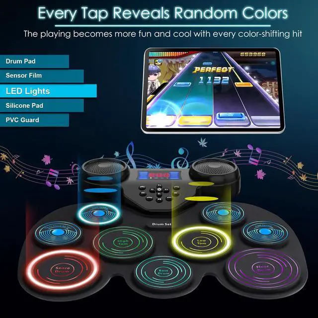 Alt view image 2 of 7 - 7-Color Dynamic LED Lights Electric Drum Set, 9-Pad Electronic Drum Set Bluetooth MIDI Support, Extra-thick Electric Drum Pads for Better Rebound, Perfect Christmas/Birthday Gift for Kids