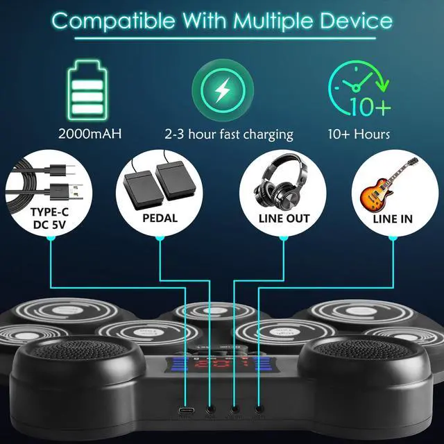 Alt view image 7 of 7 - 7-Color Dynamic LED Lights Electric Drum Set, 9-Pad Electronic Drum Set Bluetooth MIDI Support, Extra-thick Electric Drum Pads for Better Rebound, Perfect Christmas/Birthday Gift for Kids