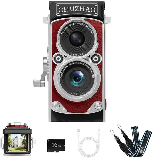 Main image of CHUZHAO Vintage Mini Digital Camera, Portable TLR Style Retro Point and Shoot Compact Small Pocket 1080P FHD Video 12MP Autofocus Vlogging Camera with 16 GB Card for Beginners Teens Adults Red