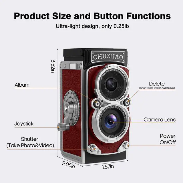 Alt view image 6 of 7 - CHUZHAO Vintage Mini Digital Camera, Portable TLR Style Retro Point and Shoot Compact Small Pocket 1080P FHD Video 12MP Autofocus Vlogging Camera with 16 GB Card for Beginners Teens Adults Red