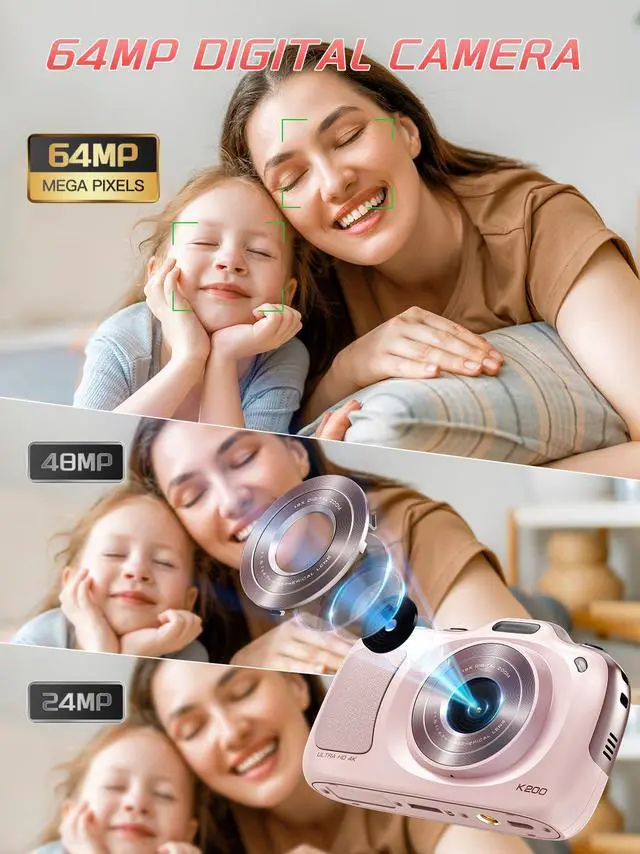 Alt view image 2 of 7 - Digital Camera,Autofocus 4K Vlogging Cameras for Photography with 32GB Card,64MP Portable Compact Point and Shoot Digital Camera for Teens Kids Adult Beginner with 16X Zoom Anti Shake (Pink)