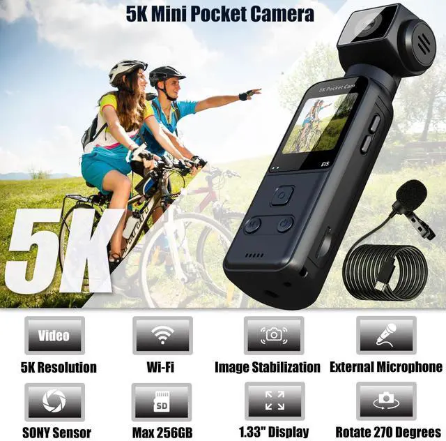 Alt view image 2 of 7 - Body Camera 5K with External Microphone, Video & Audio Mini Vlog Camera with 270° Rotated Lens, Pocket Cam for Sport, Outdoor, Riding, Travel, 128GB Included