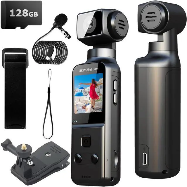 Main image of Body Camera 5K with External Microphone, Video & Audio Mini Vlog Camera with 270° Rotated Lens, Pocket Cam for Sport, Outdoor, Riding, Travel, 128GB Included