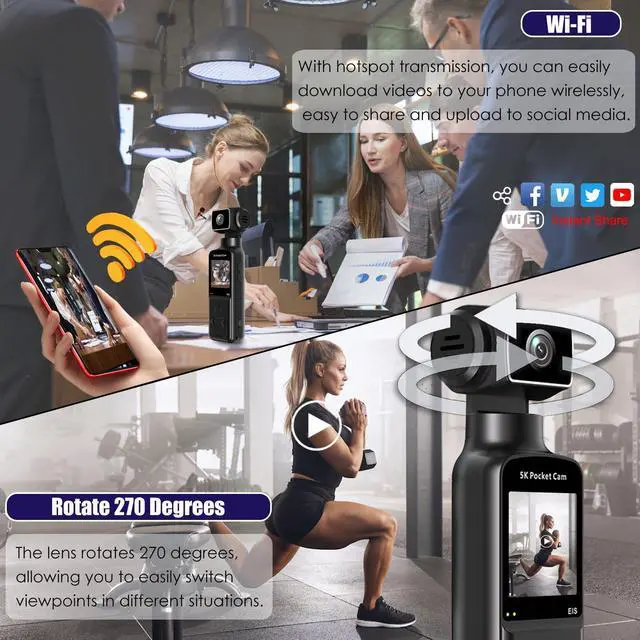 Alt view image 5 of 7 - Body Camera 5K with External Microphone, Video & Audio Mini Vlog Camera with 270° Rotated Lens, Pocket Cam for Sport, Outdoor, Riding, Travel, 128GB Included