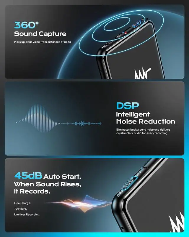 Alt view image 5 of 7 - 128G (9800 Hour) Voice Activated Recorder, Double-Sided Magnetic Voice Recorder with Playback, Audio Recorder with AI-Intelligent Noise Reduction, 70H Continuous for Lectures, Meetings