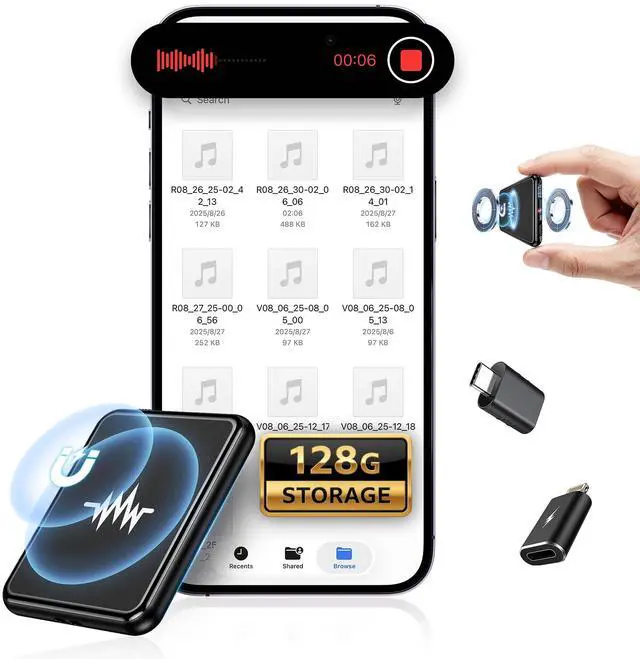 Main image of 128G (9800 Hour) Voice Activated Recorder, Double-Sided Magnetic Voice Recorder with Playback, Audio Recorder with AI-Intelligent Noise Reduction, 70H Continuous for Lectures, Meetings