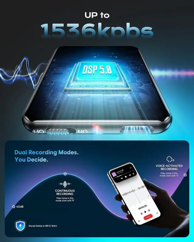 Alt view image 3 of 7 - 128G (9800 Hour) Voice Activated Recorder, Double-Sided Magnetic Voice Recorder with Playback, Audio Recorder with AI-Intelligent Noise Reduction, 70H Continuous for Lectures, Meetings