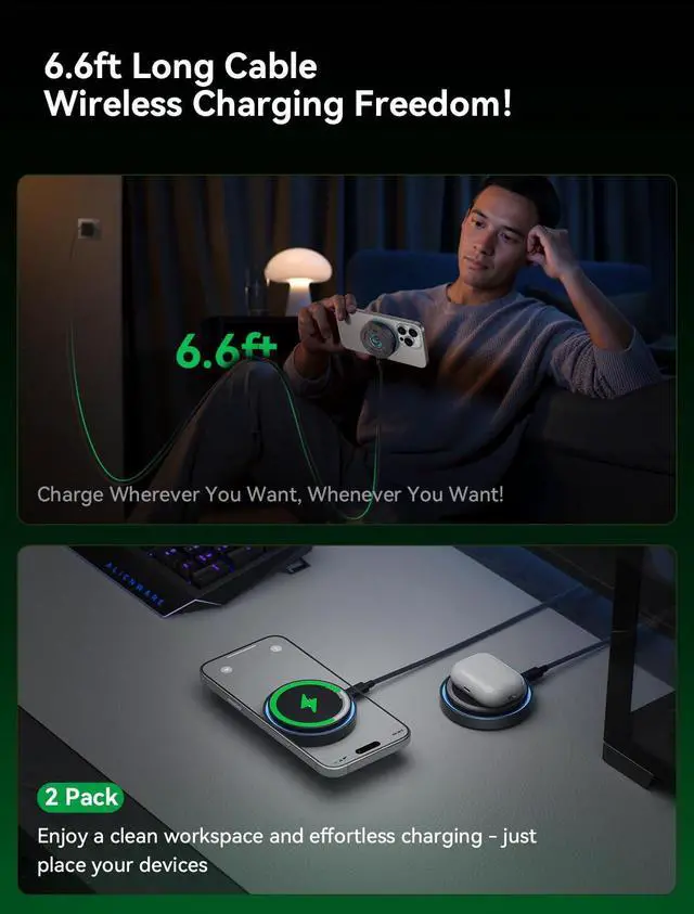 Alt view image 3 of 4 - for MagSafe Charger, 2 Pack Qi2 25W Fast Charging Pad with Cooling Fan, Magnetic Wireless Charger with 6.6ft Cable for iPhone 17/16/15 Series (2 Adapters Included)