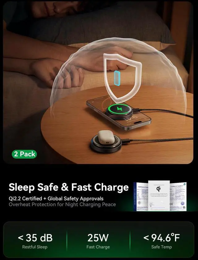 Alt view image 4 of 4 - for MagSafe Charger, 2 Pack Qi2 25W Fast Charging Pad with Cooling Fan, Magnetic Wireless Charger with 6.6ft Cable for iPhone 17/16/15 Series (2 Adapters Included)