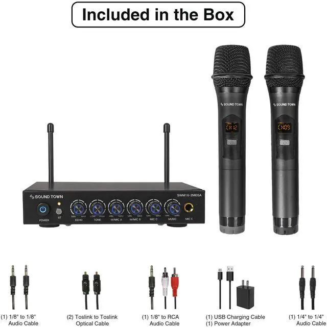 Alt view image 4 of 7 - 100 Channels Wireless Microphone Karaoke Mixer System with 2 Metal Handheld Microphones, Optical (Toslink), AUX, for Smart TV, Home Theater, Sound Bar (SWM16-2MEGA)