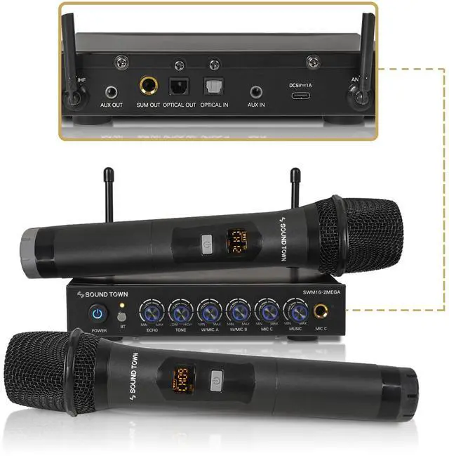 Main image of 100 Channels Wireless Microphone Karaoke Mixer System with 2 Metal Handheld Microphones, Optical (Toslink), AUX, for Smart TV, Home Theater, Sound Bar (SWM16-2MEGA)