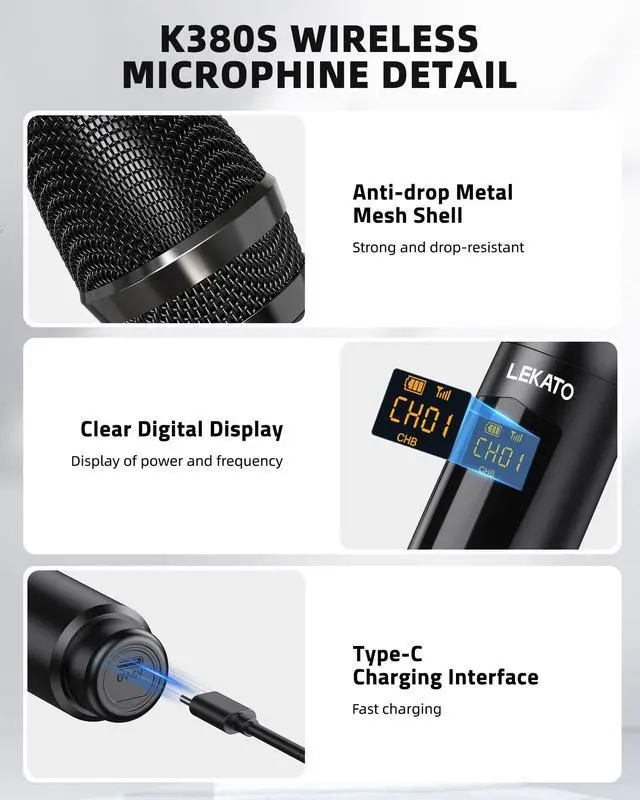 Alt view image 3 of 7 - Wireless Microphone, 2.4GHz Rechargeable Dual Handheld Wireless Dynamic Microphone System Set with 1/4" Receiver, Professional Cordless Microphone for Karaoke, Wedding, Party, Speech, Church