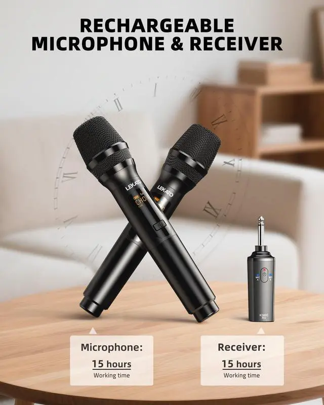 Alt view image 4 of 7 - Wireless Microphone, 2.4GHz Rechargeable Dual Handheld Wireless Dynamic Microphone System Set with 1/4" Receiver, Professional Cordless Microphone for Karaoke, Wedding, Party, Speech, Church