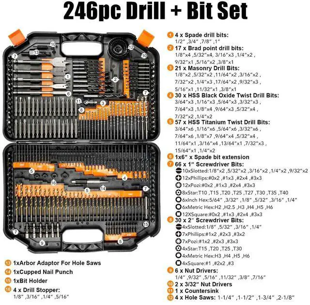 Alt view image 2 of 7 - Drill Bit Set, 246-Pieces Drill Bits and Driver Set for Wood Metal Cement Drilling and Screw Driving, Full Combo Kit Assorted in Plastic Carrying Case, ET-DBA-246