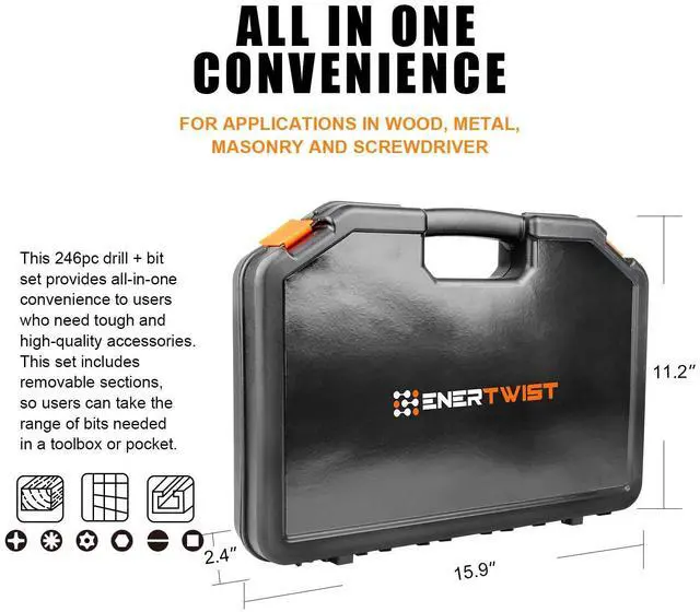 Alt view image 3 of 7 - Drill Bit Set, 246-Pieces Drill Bits and Driver Set for Wood Metal Cement Drilling and Screw Driving, Full Combo Kit Assorted in Plastic Carrying Case, ET-DBA-246