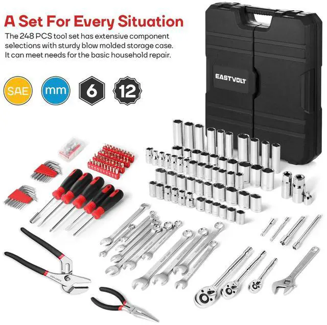 Alt view image 2 of 7 - 248 Pieces Mechanics Tool Set, General Purpose Mixed Sockets and Wrenches, Hand Tool Set Auto Repair Tool Kit with Storage Case (EVHT24801)