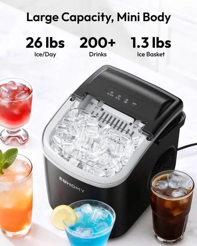 Alt view image 2 of 7 - Countertop Ice Maker Machine with Handle, 26lbs in 24Hrs, 9 Ice Cubes Ready in 6 Mins, Auto-Cleaning Portable Ice Maker with Basket and Scoop, for Home/Kitchen/Camping/RV. (Black)