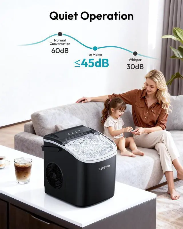 Alt view image 7 of 7 - Countertop Ice Maker Machine with Handle, 26lbs in 24Hrs, 9 Ice Cubes Ready in 6 Mins, Auto-Cleaning Portable Ice Maker with Basket and Scoop, for Home/Kitchen/Camping/RV. (Black)